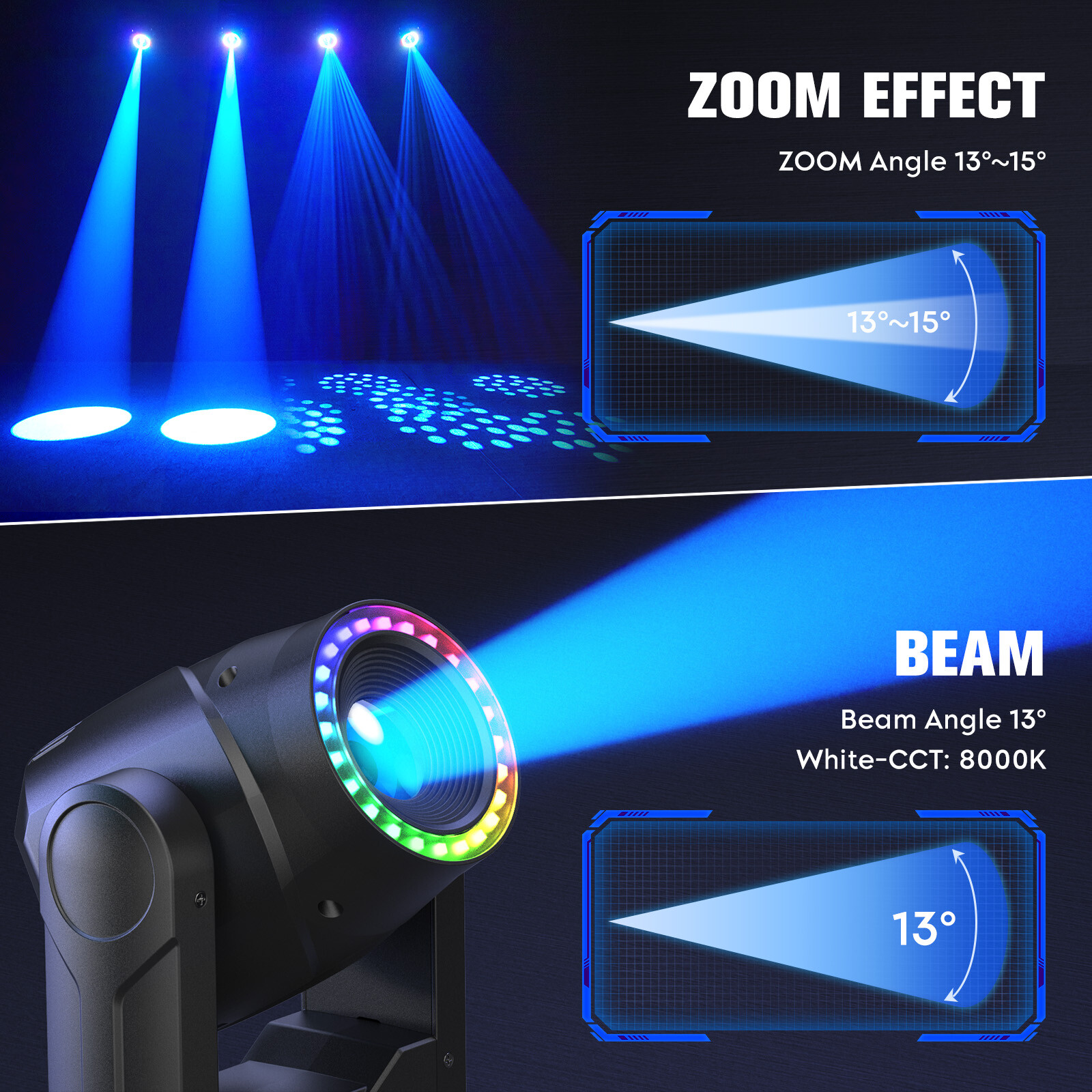 UKING 200W RGBW Moving Head Beam Light DMX Stage Lighting Zoom Disco Party Club