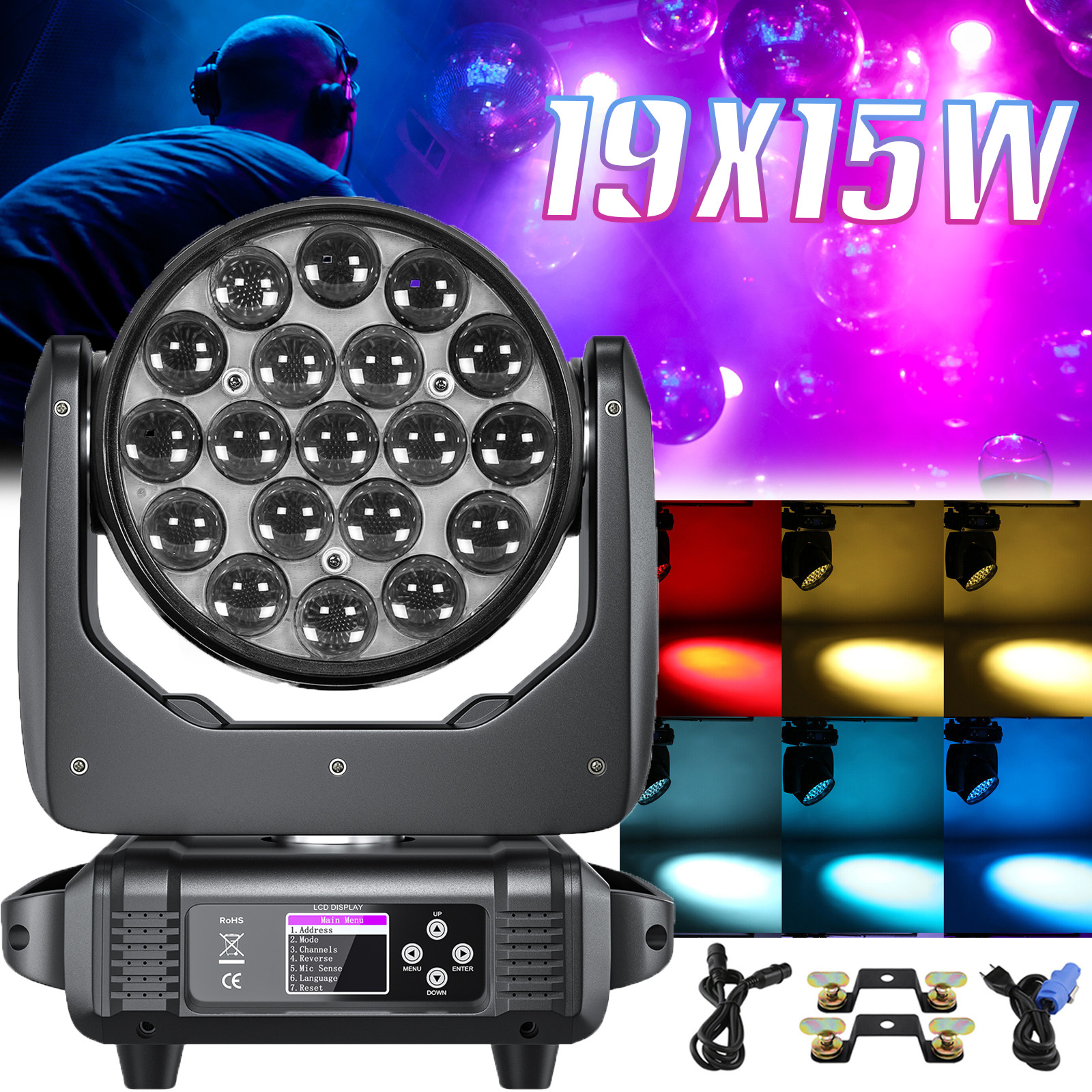 DMX 512 19x15W RGBW 4-in-1 LED Zoom Moving Head Beam Light DJ Party Stage Light