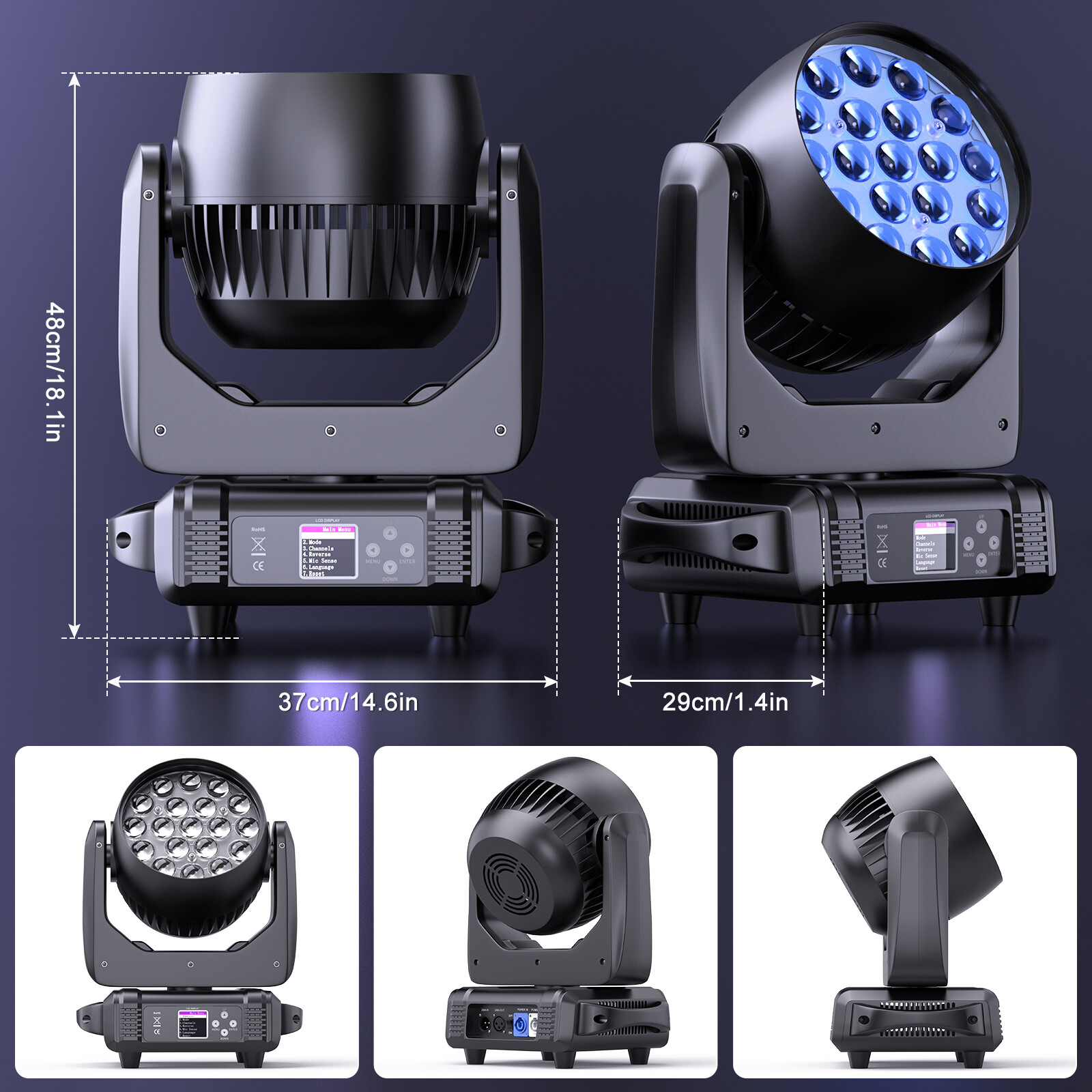 19x15W LED Moving Head Light RGBW Zoom Beam Stage Wash Lighting DJ Party Bar