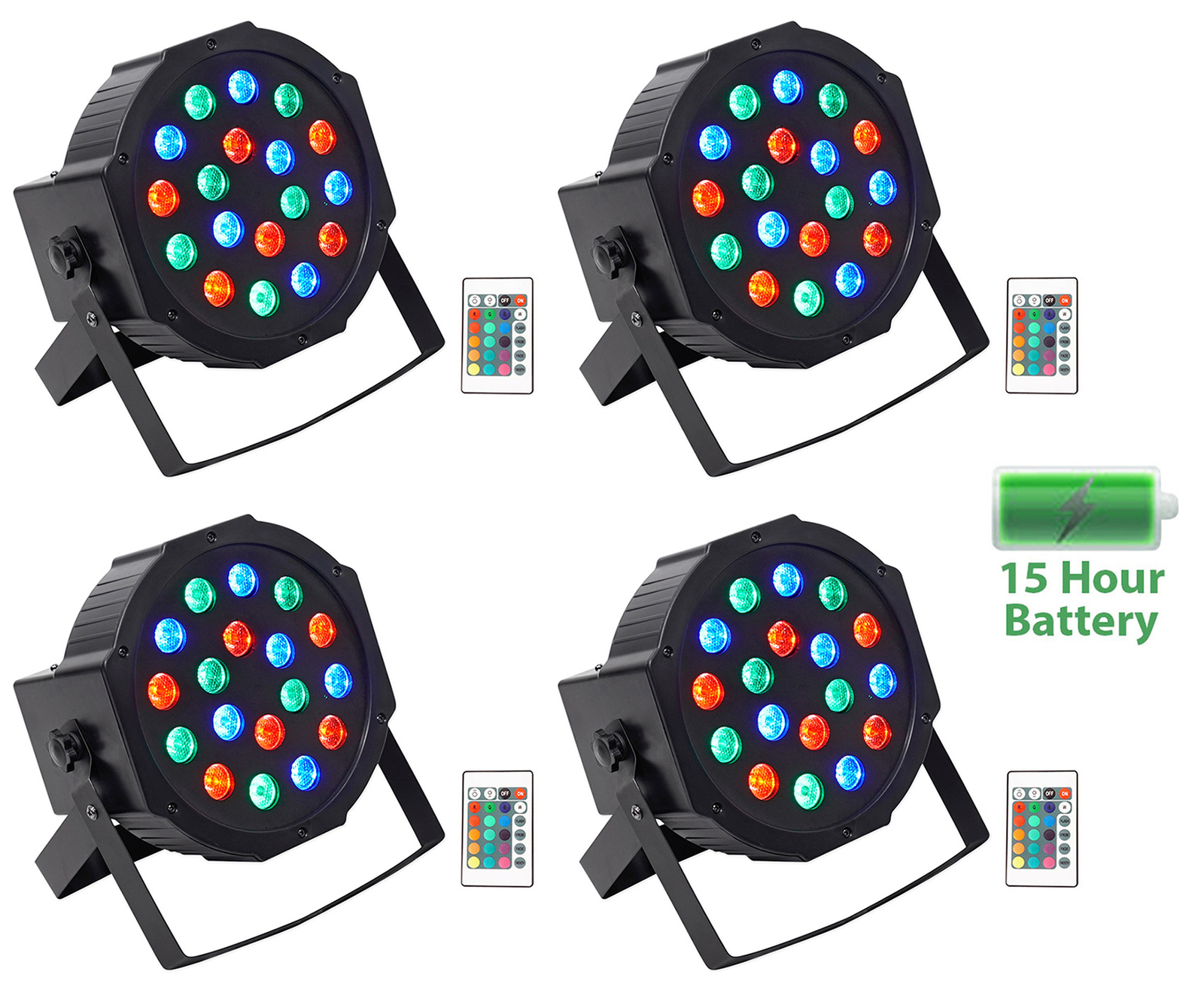 (4) Rockville BATTERY PAR 50 Rechargeable LED DMX DJ Club Wash Up-Lights+Remote