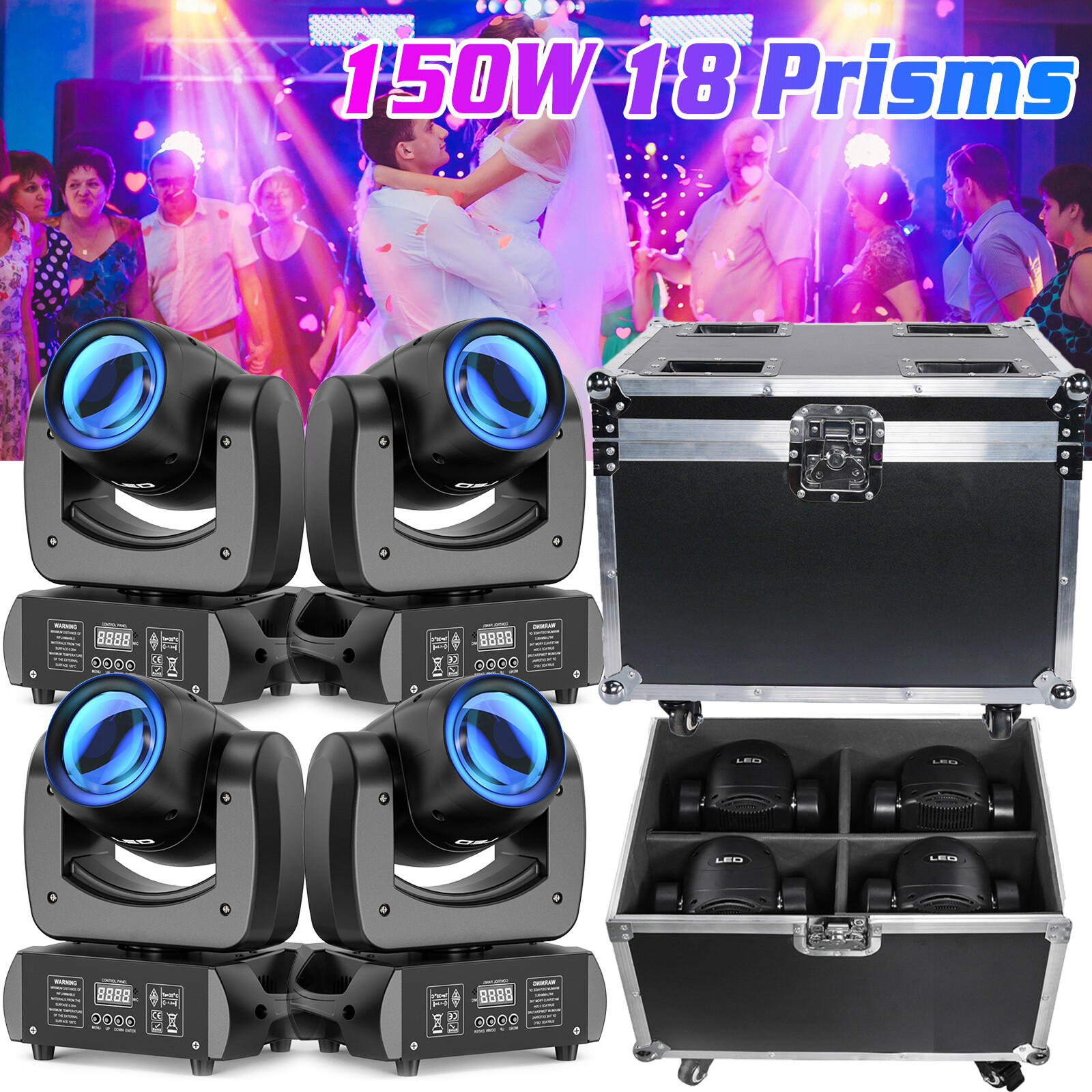 4X 150W LED Moving Head Lights 18 Prism RGBW Gobo Beam Stage Light DJ Disco DMX
