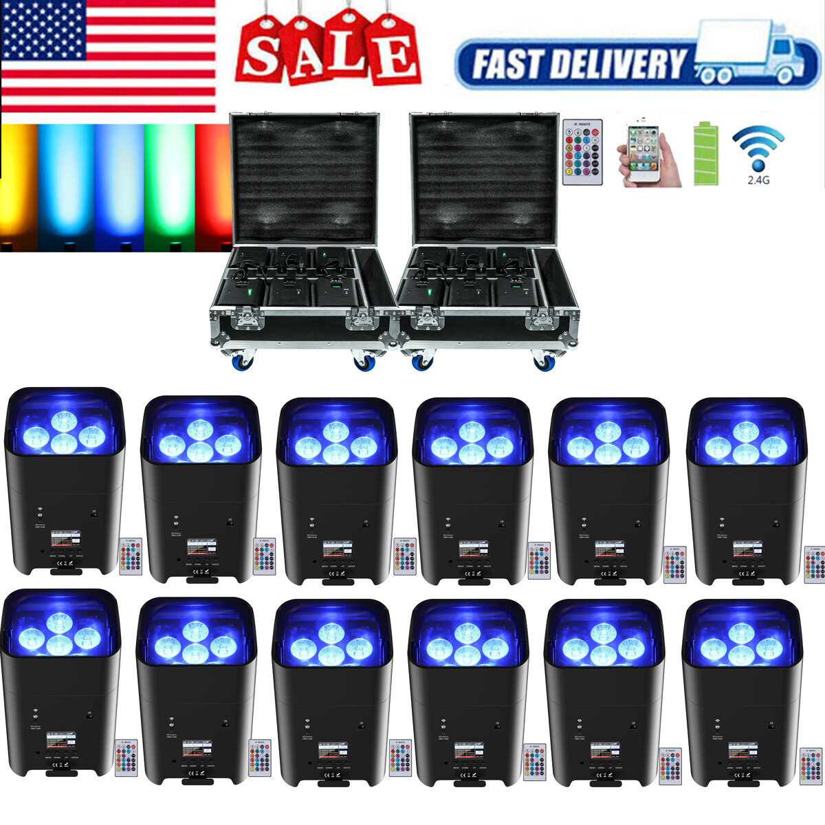 12Pcs 6x18W RGBWA+UV Wifi APP Wireless Remote Control Par Light With 2pcs Case