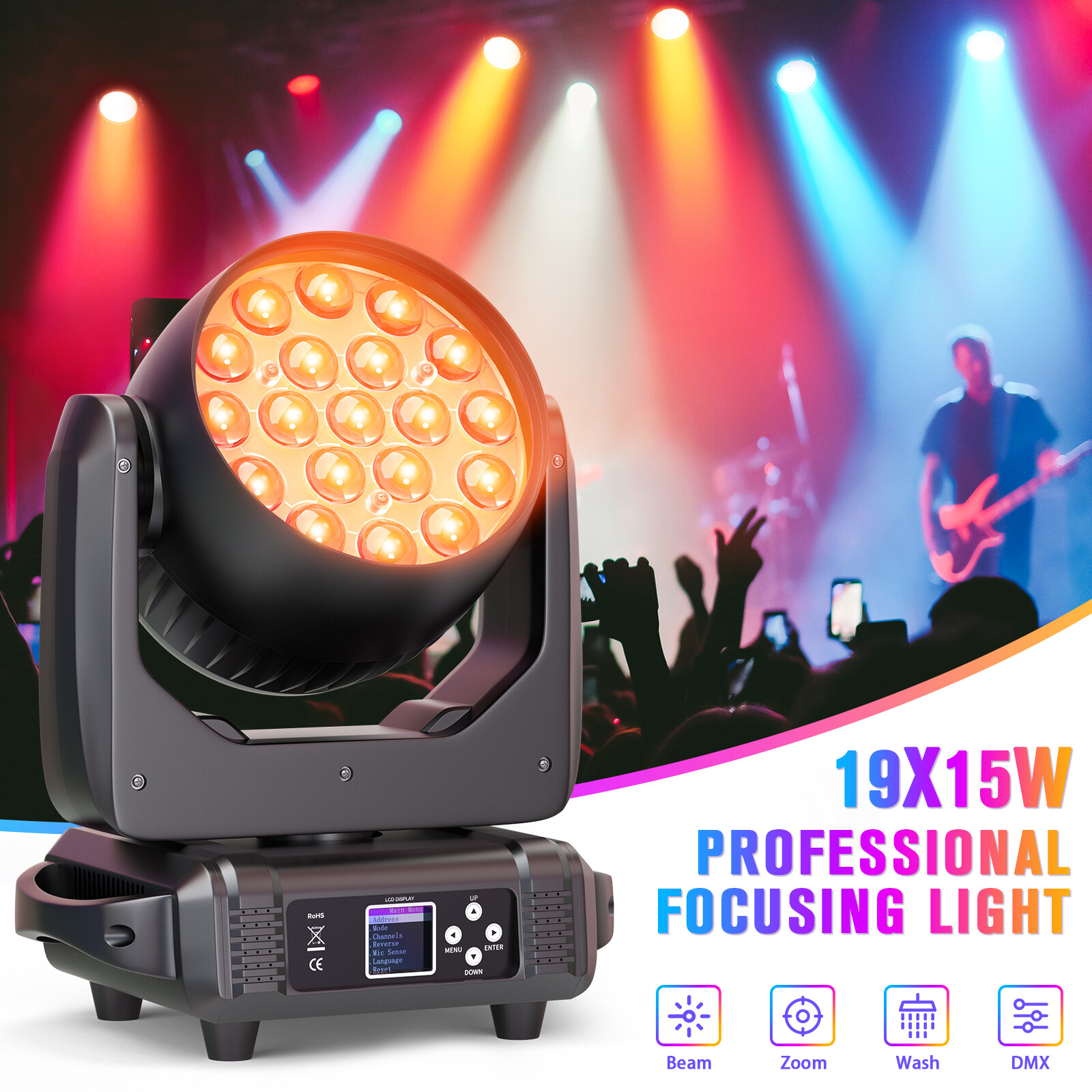 4PCS 285W 19LED Moving Head Light RGBW Zoom Beam Stage Wash Lighting DJ Party
