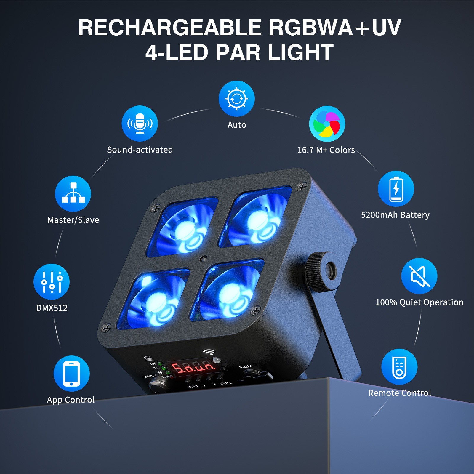 4X25W RGBWA+UV Stage Par Light Rechargeable Wireless Battery Uplight Wedding