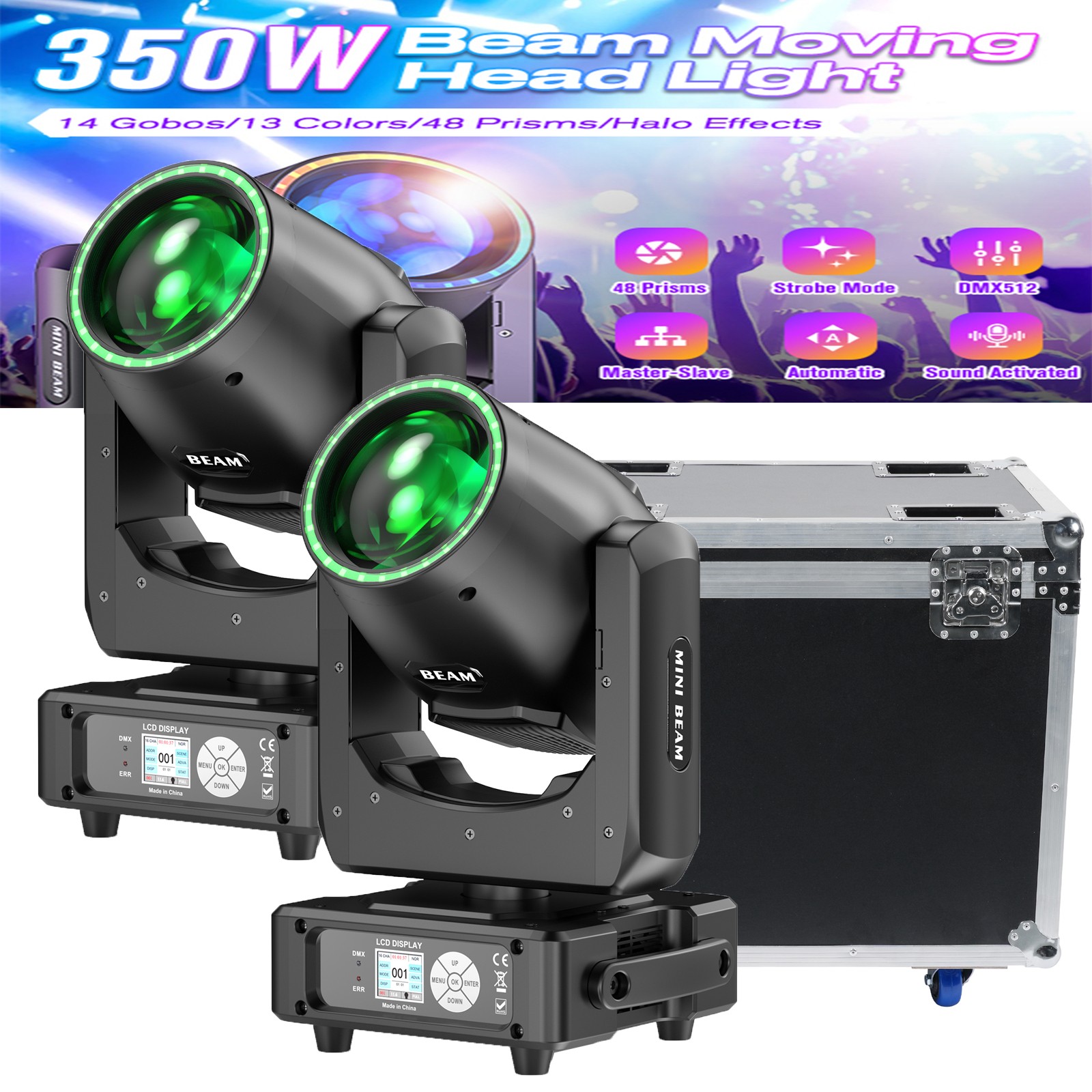 350W Moving Head Light DMX RGBW LED 48Prism Gobo Rainbow Effect Stage Lighting