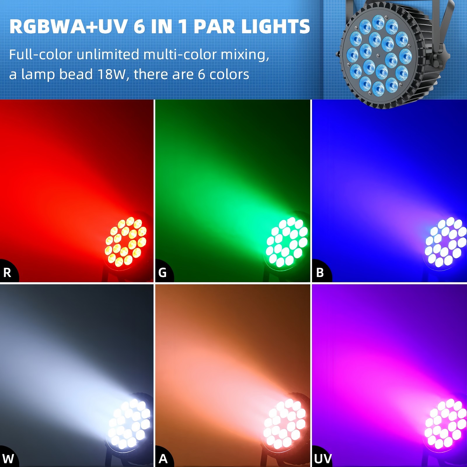 XPCLEOYZ 4Pcs 18 LED Flat Par Aluminum Alloy RGBWAUV Par Stage Lights DJ Disco