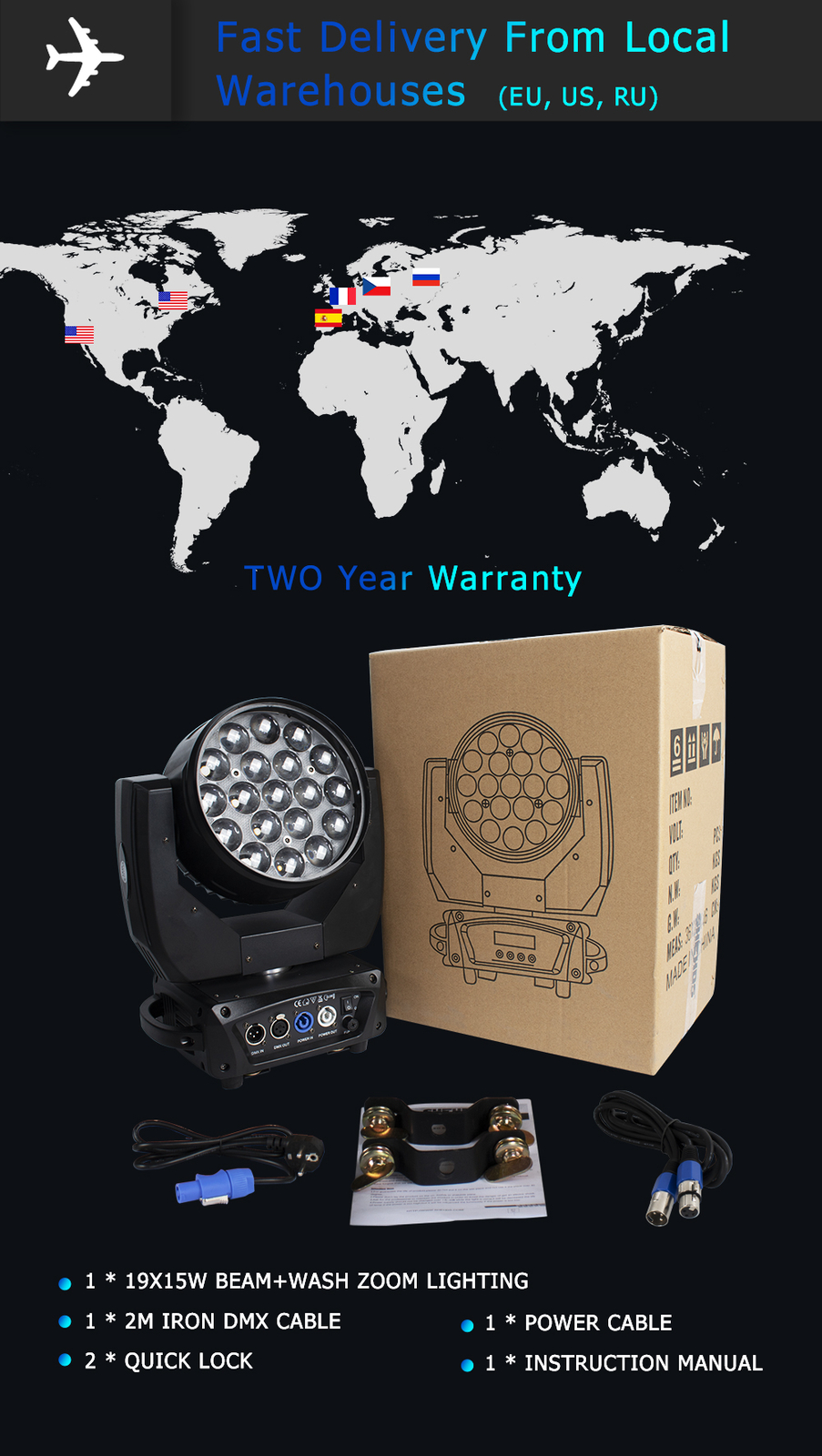 2pcs SHEHDS 19x15W RGBW Zoom Wash Aura Moving head light with Case