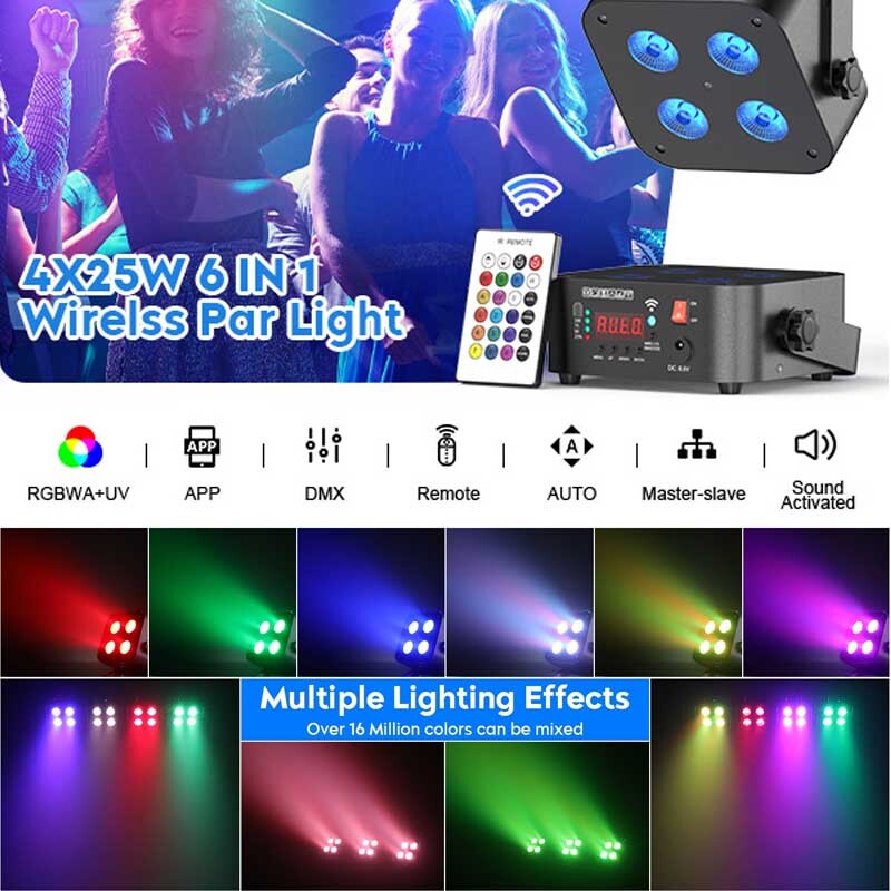 RGBWA+UV 4LED PAR Stage Light Rechargeable Battery DJ Light Wireless APP DMX New