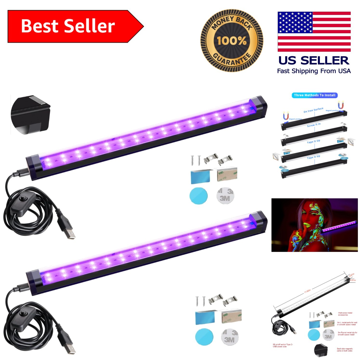 Versatile 10W 1ft LED Black Light Bar for Glow Parties & Fluorescent Decor