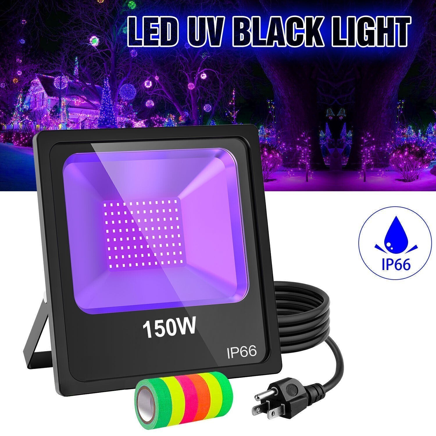 150W UV LED Black Light for Glow Party Stage Bar Club Floodlight IP66+Free Tapes