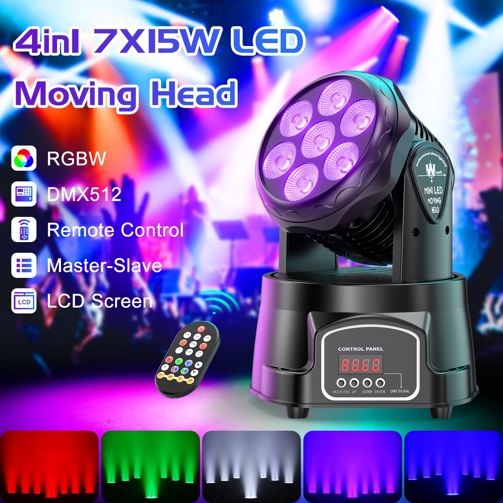 105W Mini Moving Head Lights 7LED RGBW DMX Stage Lights Lighting Disco DJ Party