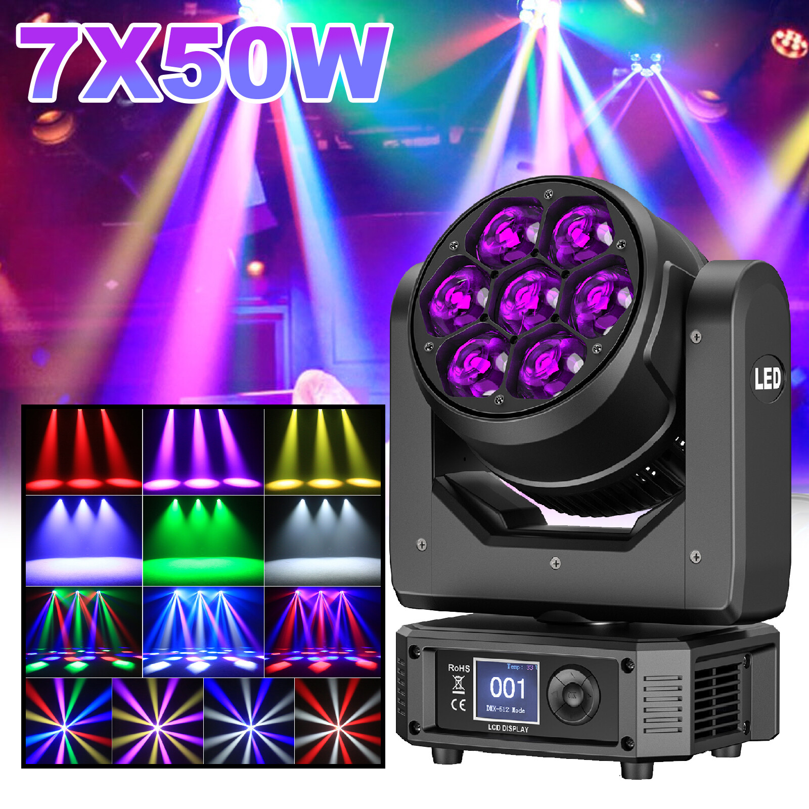 7LED 7X50W Moving Head Stage Lighting RGBW Strobe Beam DMX DJ Halloween Church