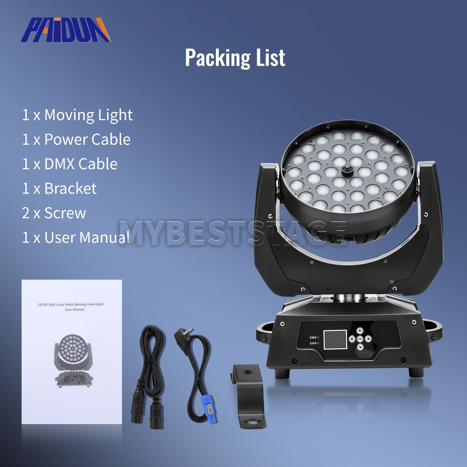 PAIDUN LED 36x10W RGBW Wash Beam Moving Head Stage Light Disco Bar Show Event DJ