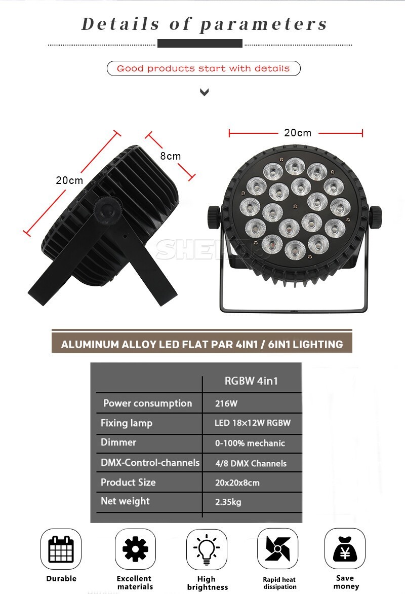 6Pcs 18x12W Aluminum Alloy Par Light LED RGBW Flat Par Light Beam DJ Disco Party