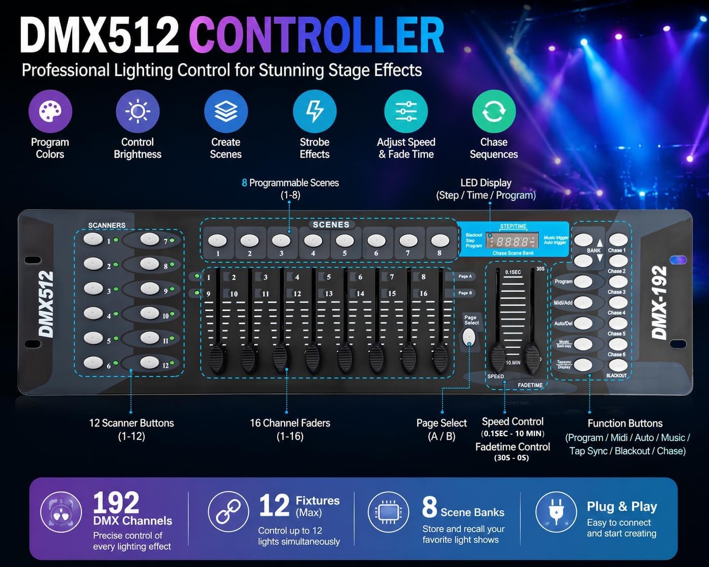 LED Stage Lights DMX 8pcs 18x3W RGB Par Can Lights DMX Control & Sound Activated