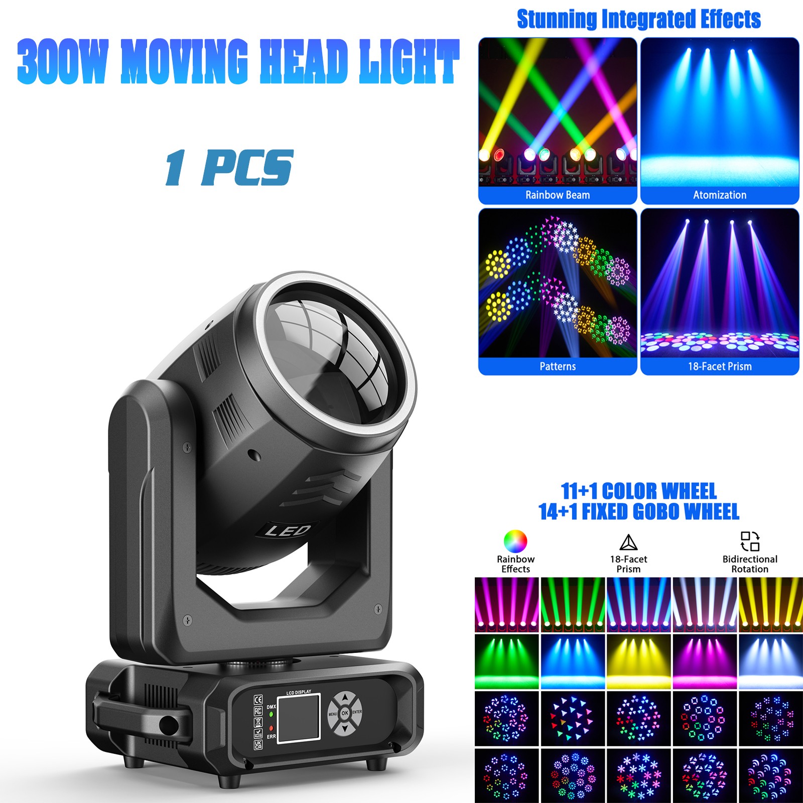 300W LED Moving Head Beam Light Spot Light 18 Prism Effects Light DMX Party Show