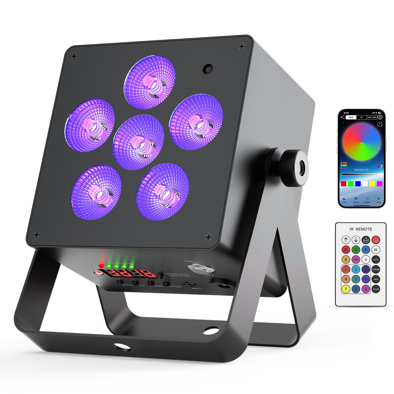 80W RGBW+UV Rechargeable 6-LED Par Can Light App Control For Show Disco