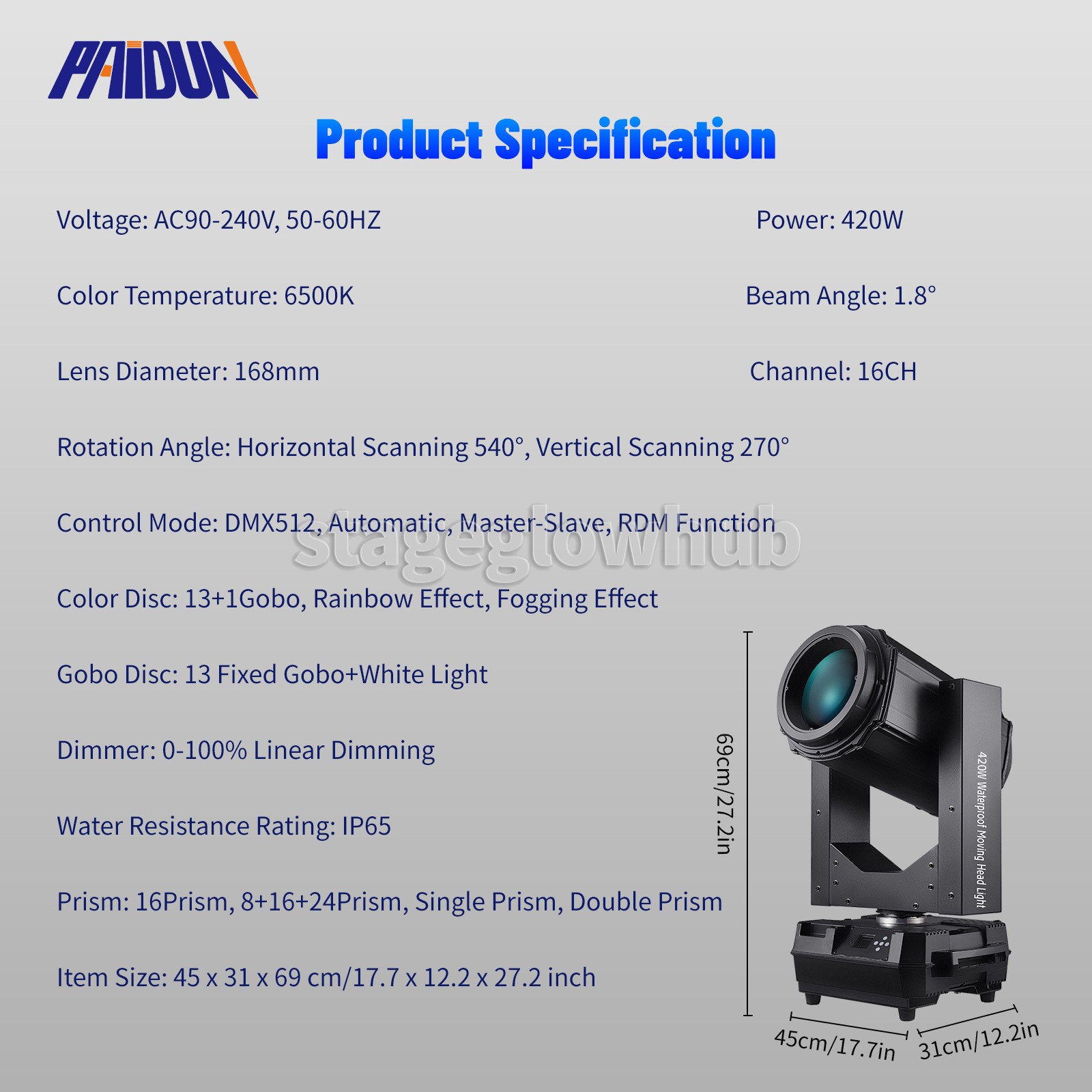 PAIDUN 420W Super Beam Moving Head Sky Spot Lighting Waterproof 8+16+24Prism RDM