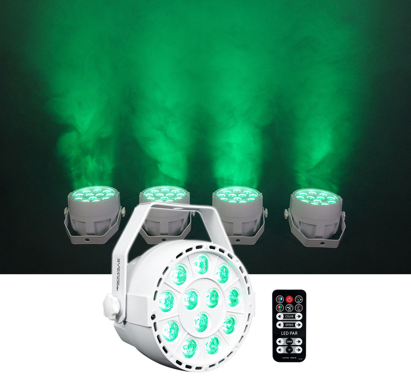 4) Rockville RockPAR TRI LED RGB Compact Par Can DJ DMX Wash Lights+Remote White