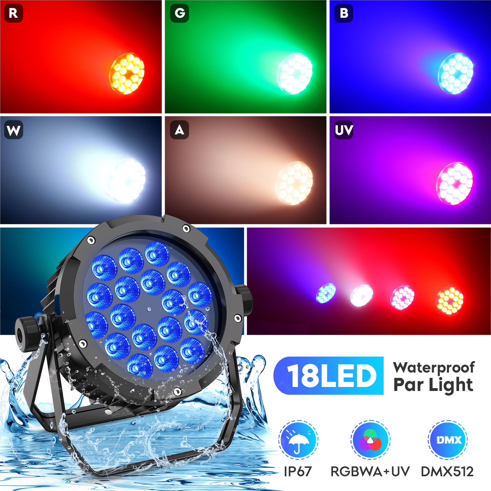 RGBWA+UV 18 LED Par Light Waterproof 270W Outdoor/Indoor Stage DJ Wash Lighting