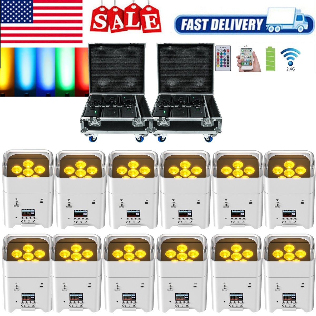 6x18W Battery Powered Stage Uplight, 9600mAh Rechargeable RGBWA+UV Par Can Light