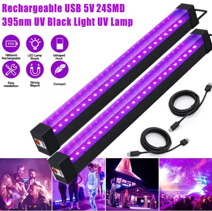1-6PC 24LED UV Black Light Bar Fixtures Ultraviolet Lamp Strip USB DJ Party Club