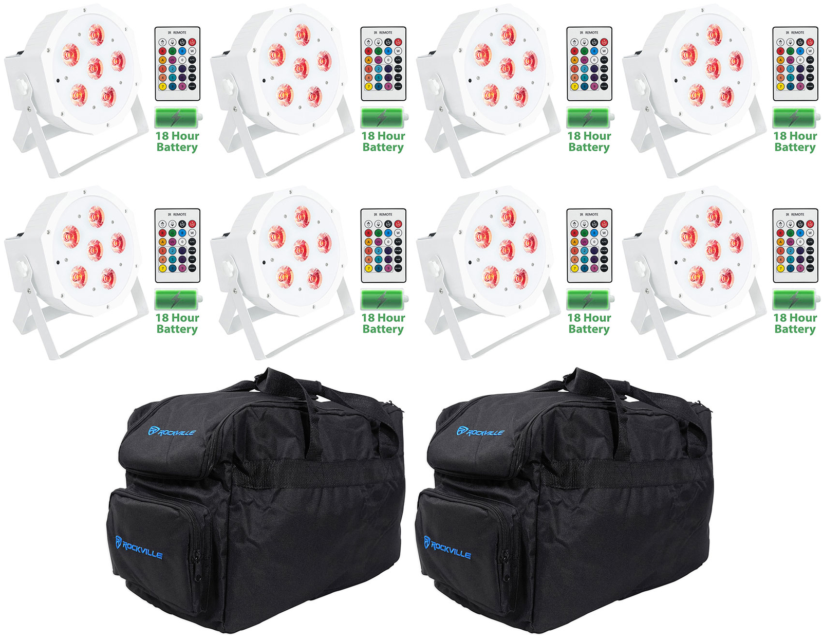 (8) Rockville BATTERY PAR 61 White Rechargeable RGBWA+UV DMX Lights+Remotes+Bags