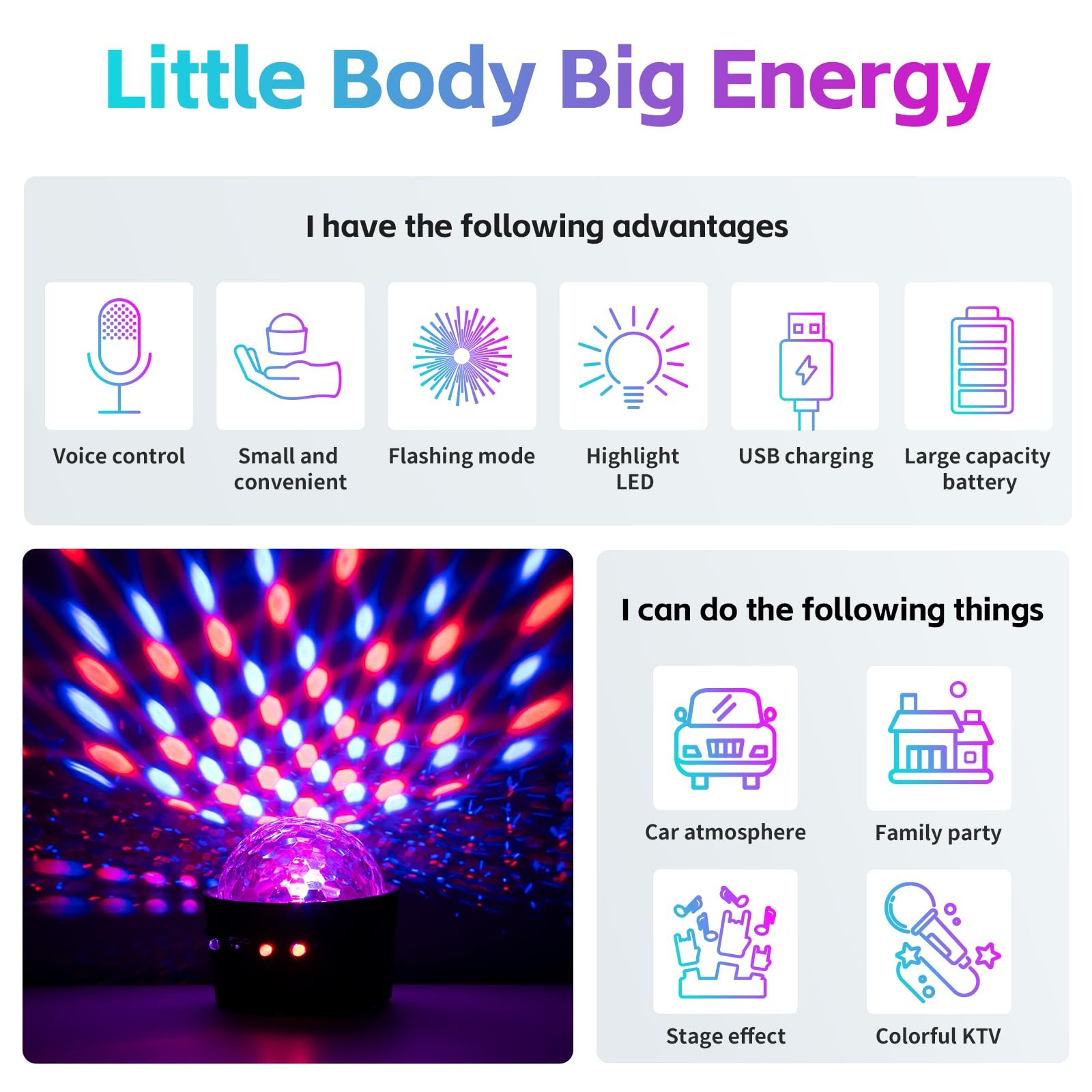 Mini Disco Ball Light with Sound-Activated Multicolor Lighting