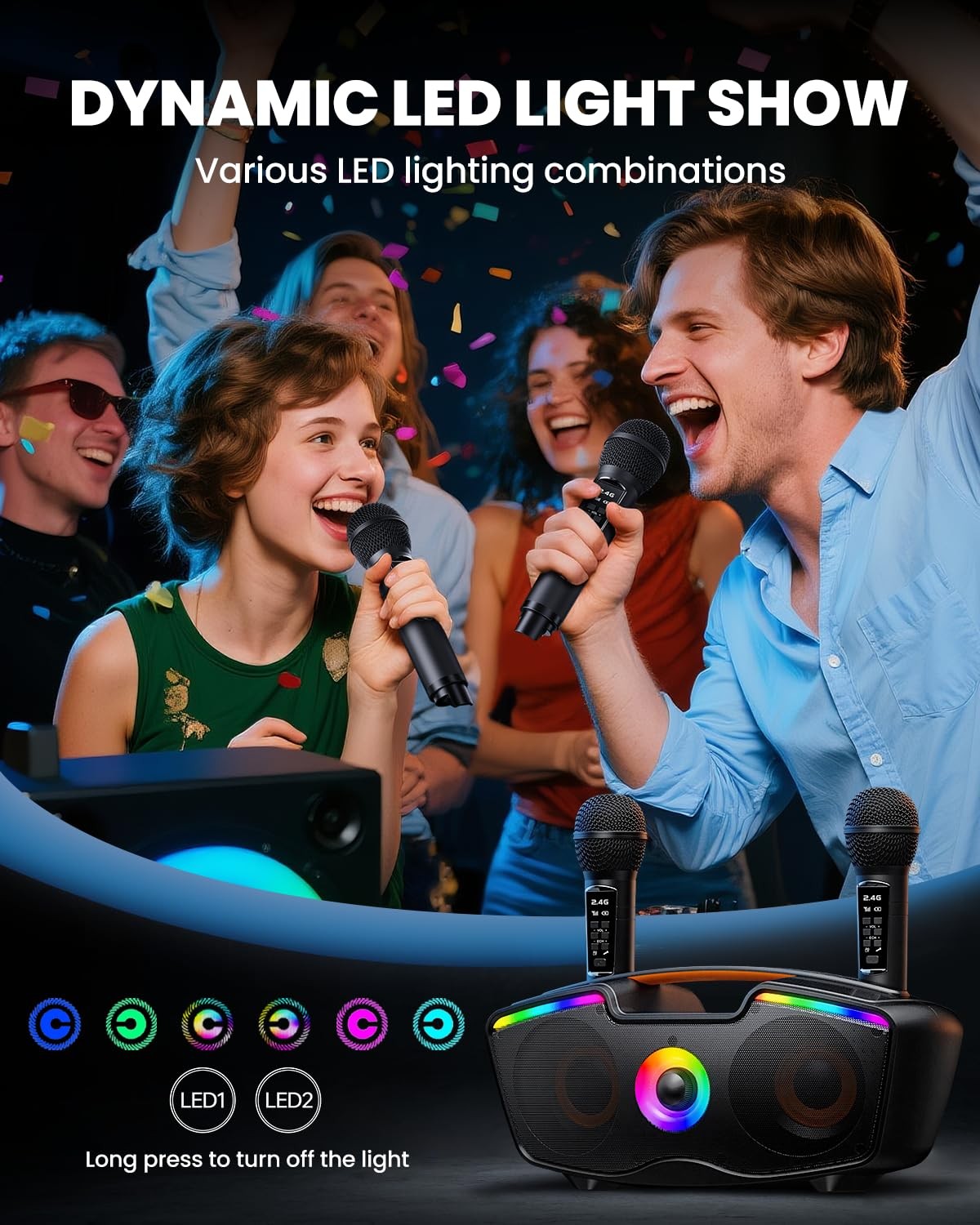 Bluetooth Karaoke Machine for Adults & Kids, 80W Portable Speaker with 2 Wire…