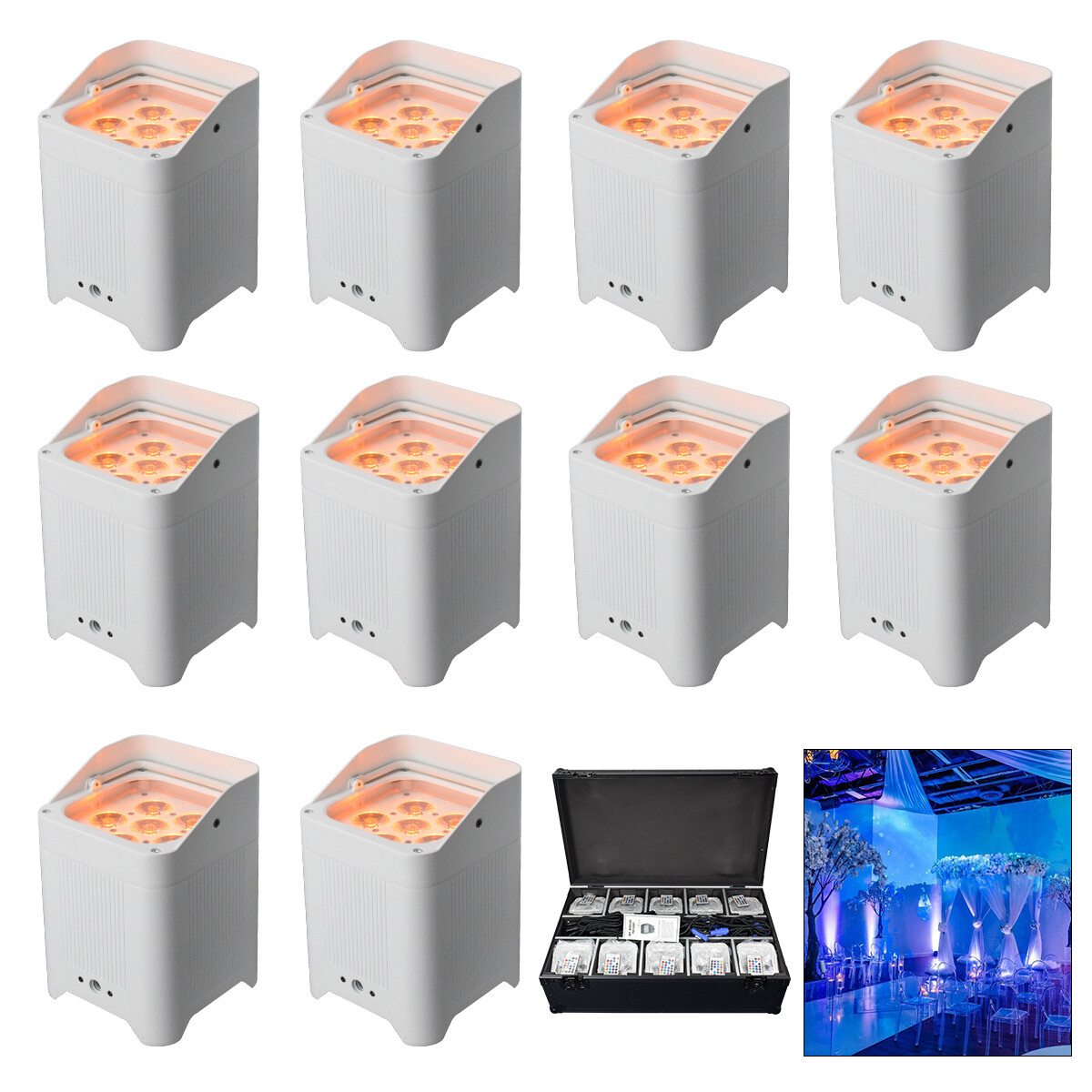 20PCS LED Uplight Par LIght 6 x 18W RGBAWUV Battery Powered 2 Charge Flight Case