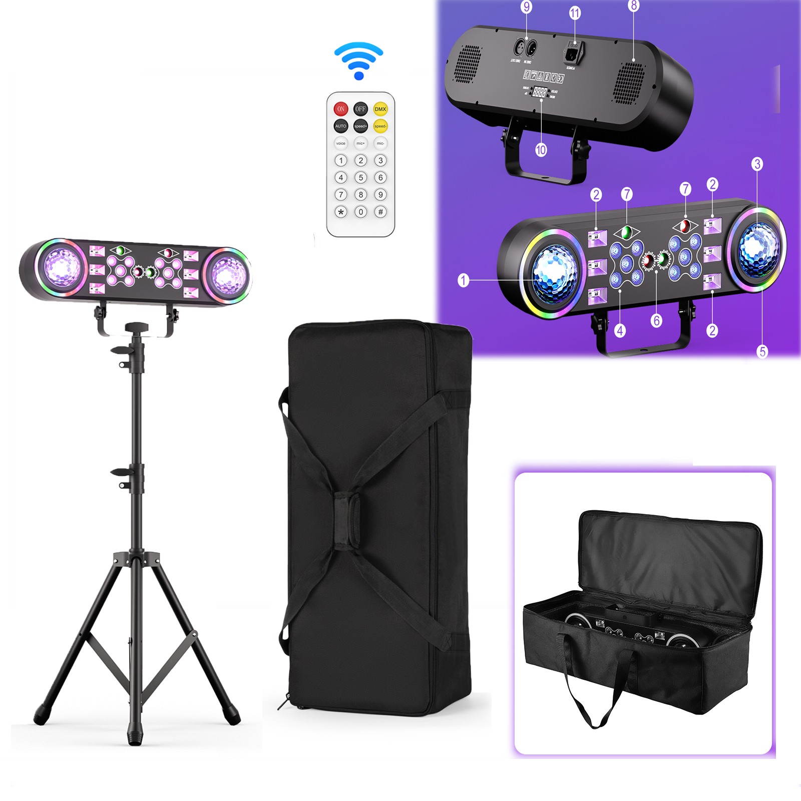 RGBW Double Head Stage Light 7-in-1 LED Light with Stand Magic Ball Stage W/Bag
