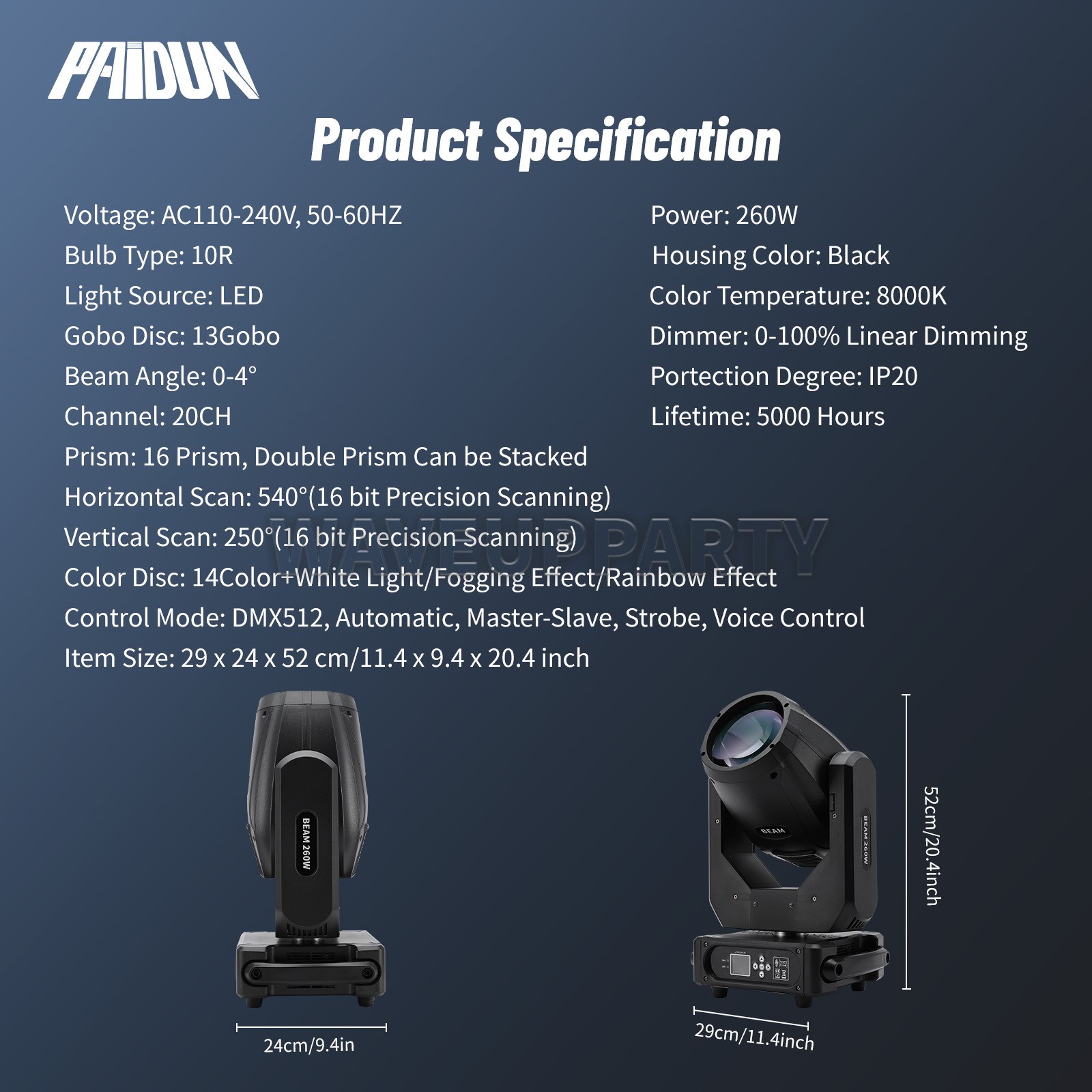PAIDUN 10R 260W Rainbow Effect Beam Moving Head Spot Light Prism Gobo Wash Disco