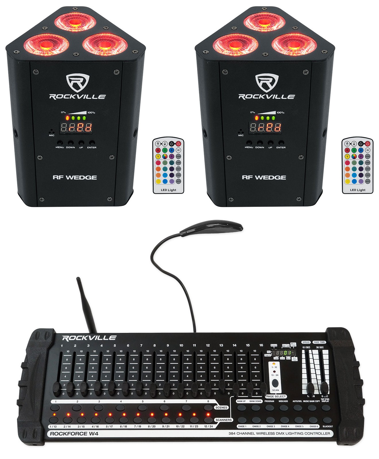 (2) Rockville RF WEDGE BLACK RGBWA+UV Wireless DMX Up Lights+384 Ch. Controller