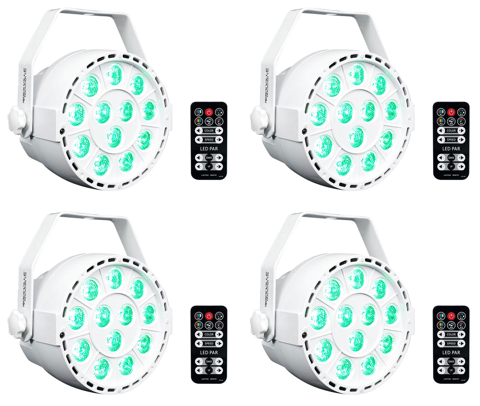 4) Rockville RockPAR TRI LED RGB Compact Par Can DJ DMX Wash Lights+Remote White