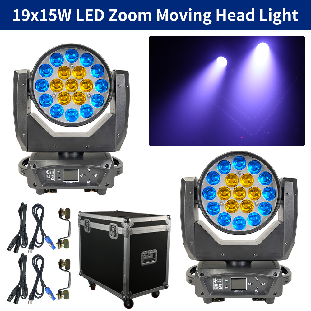 2PCS 19X15W Zoom Wash Beam Light with Flight Case RGBW Moving Head Stage Light