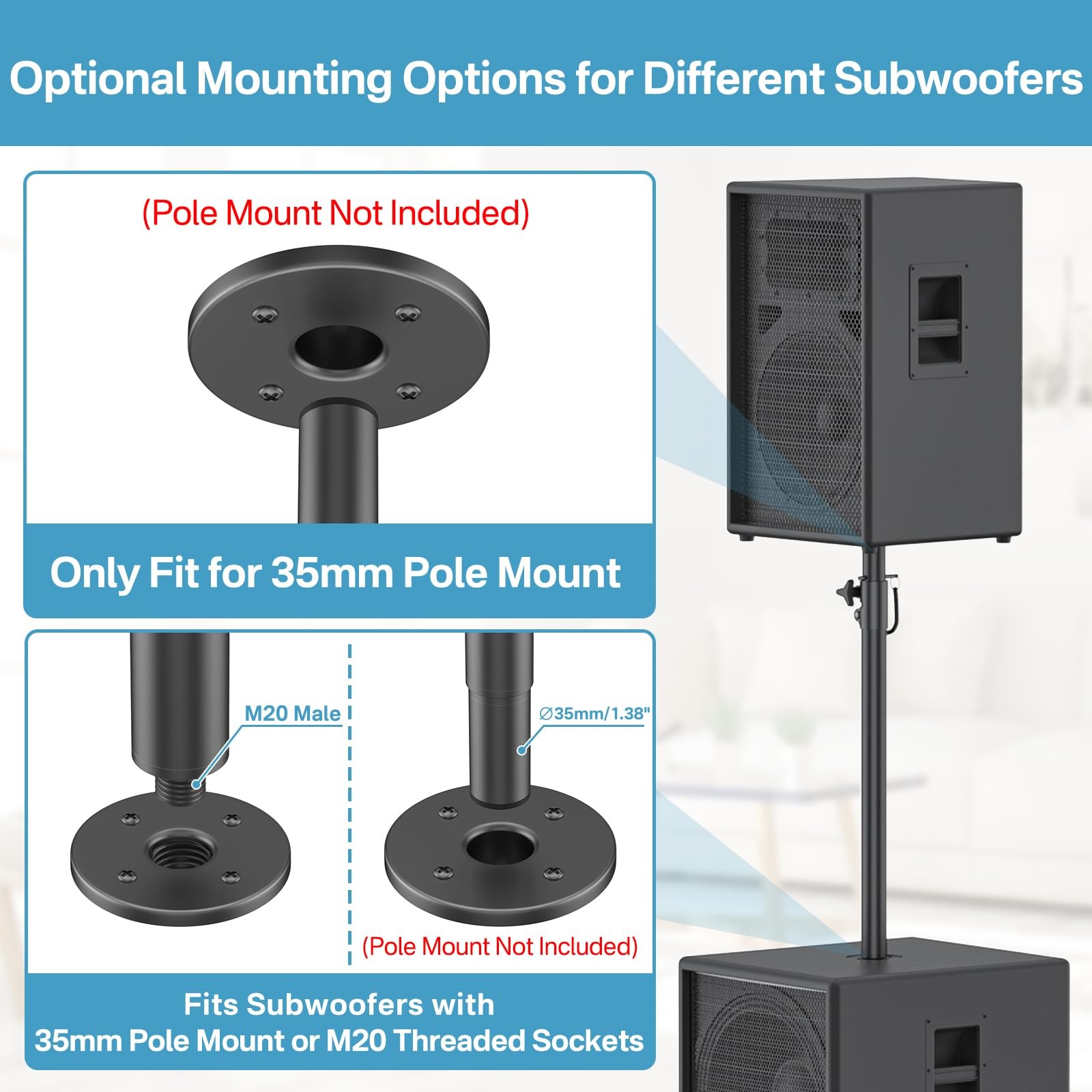 Speaker Pole Fits M20 Thread and 35mm Subwoofer Pole Mount, 1 Pack