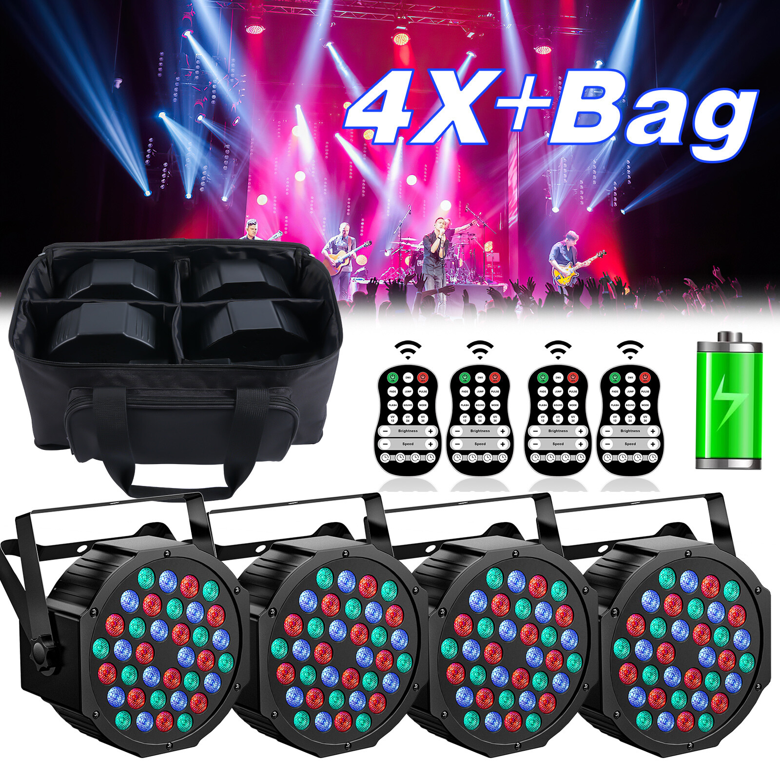 4PCS Rechargeable Par Can Lights Wireless 36LED Uplights Battery Powered & Bag