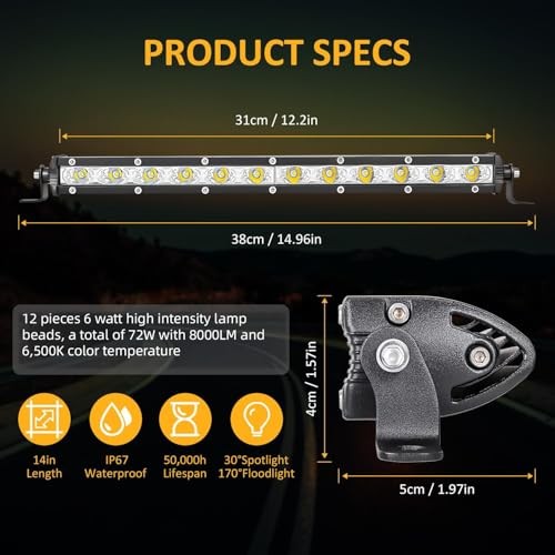 12 Inch LED Light Bar, 72W Spot Flood Combo 12 Inch LED Light Bar (1 Pack)