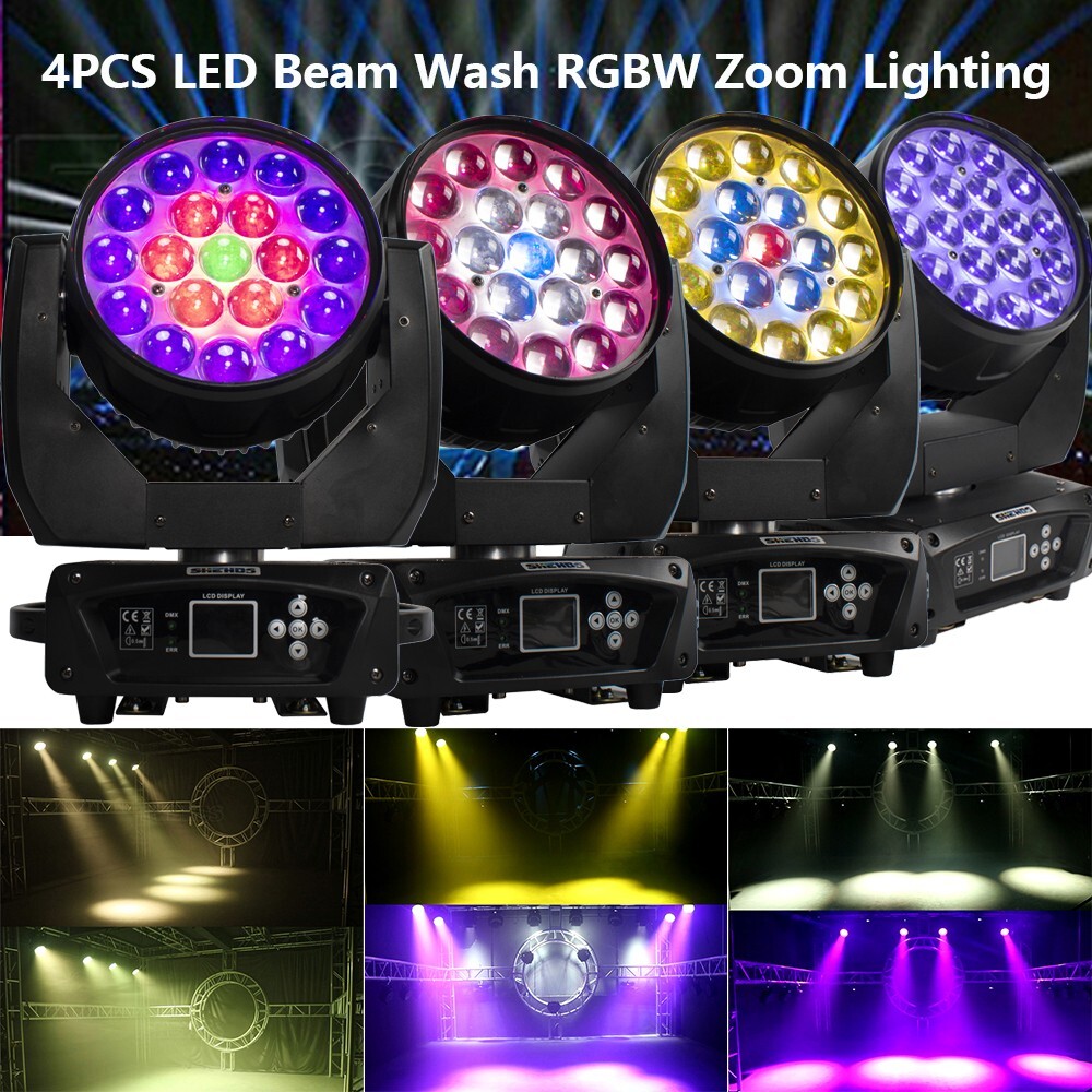 4PCS 19x15W LED Beam Wash RGBW Zoom Moving Head Stage Lighting DJ Party Show Bar