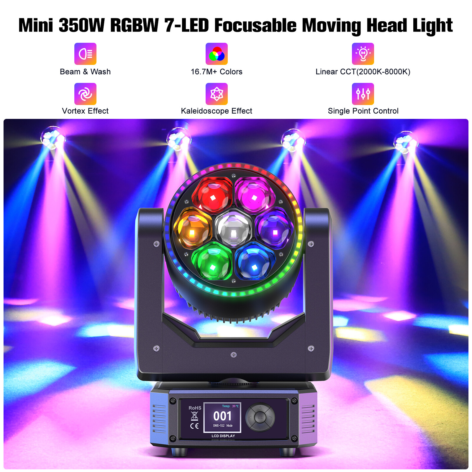 7X50W LED RGBW Bee Eye Beam+WASH Zoom Moving Head DJ Light DMX512 Stage Lighting