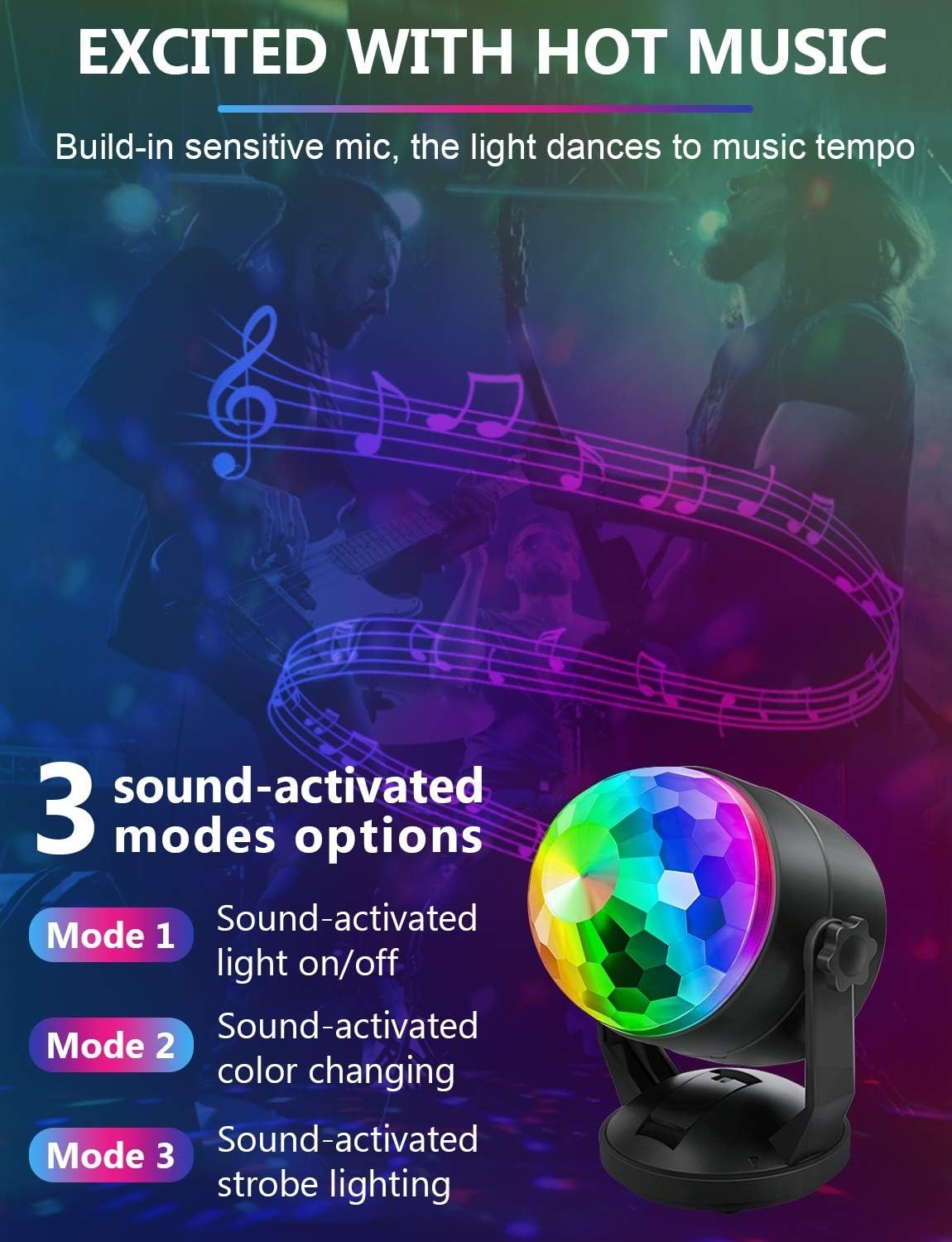 Luditek 2-Pack Party Lights – Sound Activated Disco Ball, USB/Battery Powered