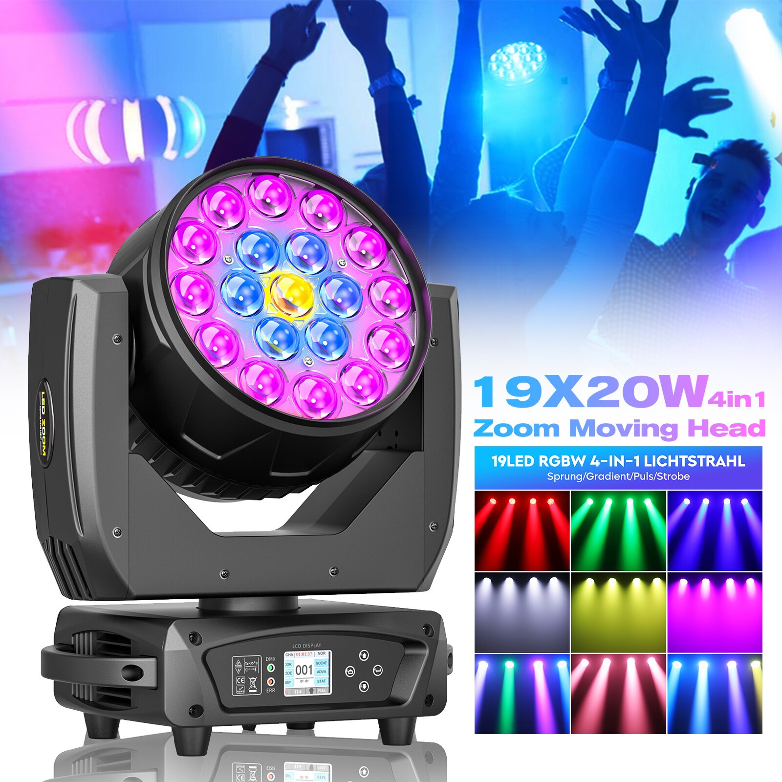 19x20W LED Zoom Moving Head Stage Light RGBW DMX Beam Wash Lighting DJ Disco Bar