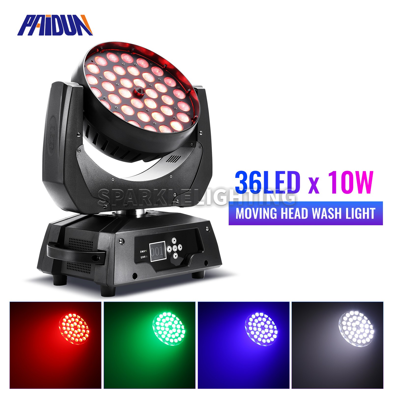 PAIDUN 36x10W Wash Moving Head Light RGBW Zoom Beam 15CH DMX 512 Sound Activated