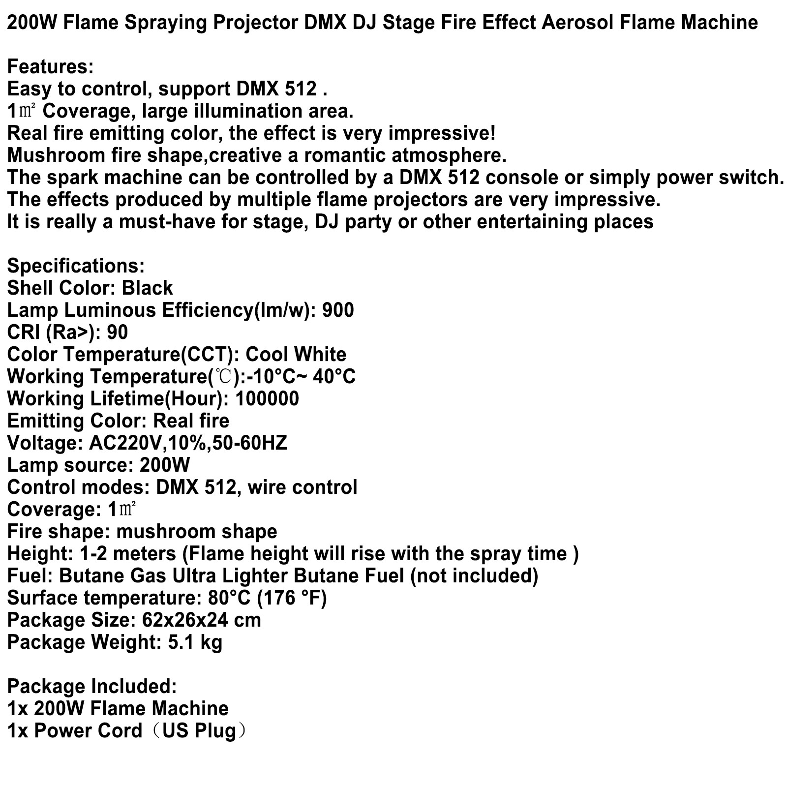 200W Flame Spraying Projector DMX DJ Stage Fire Effect Aerosol Flame Machine US