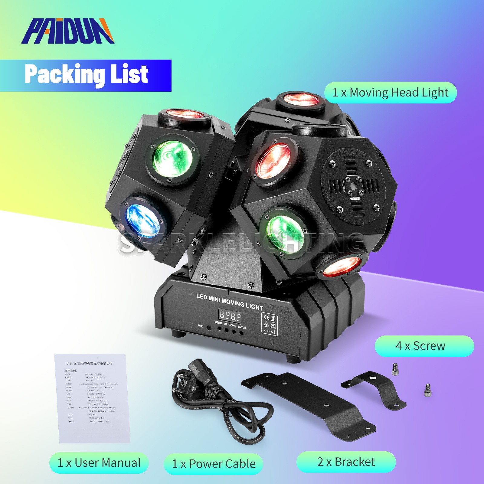 PAIDUN 200W 3Heads Laser Beam Moving Head Light RGBW Music Control Disco DJ Club