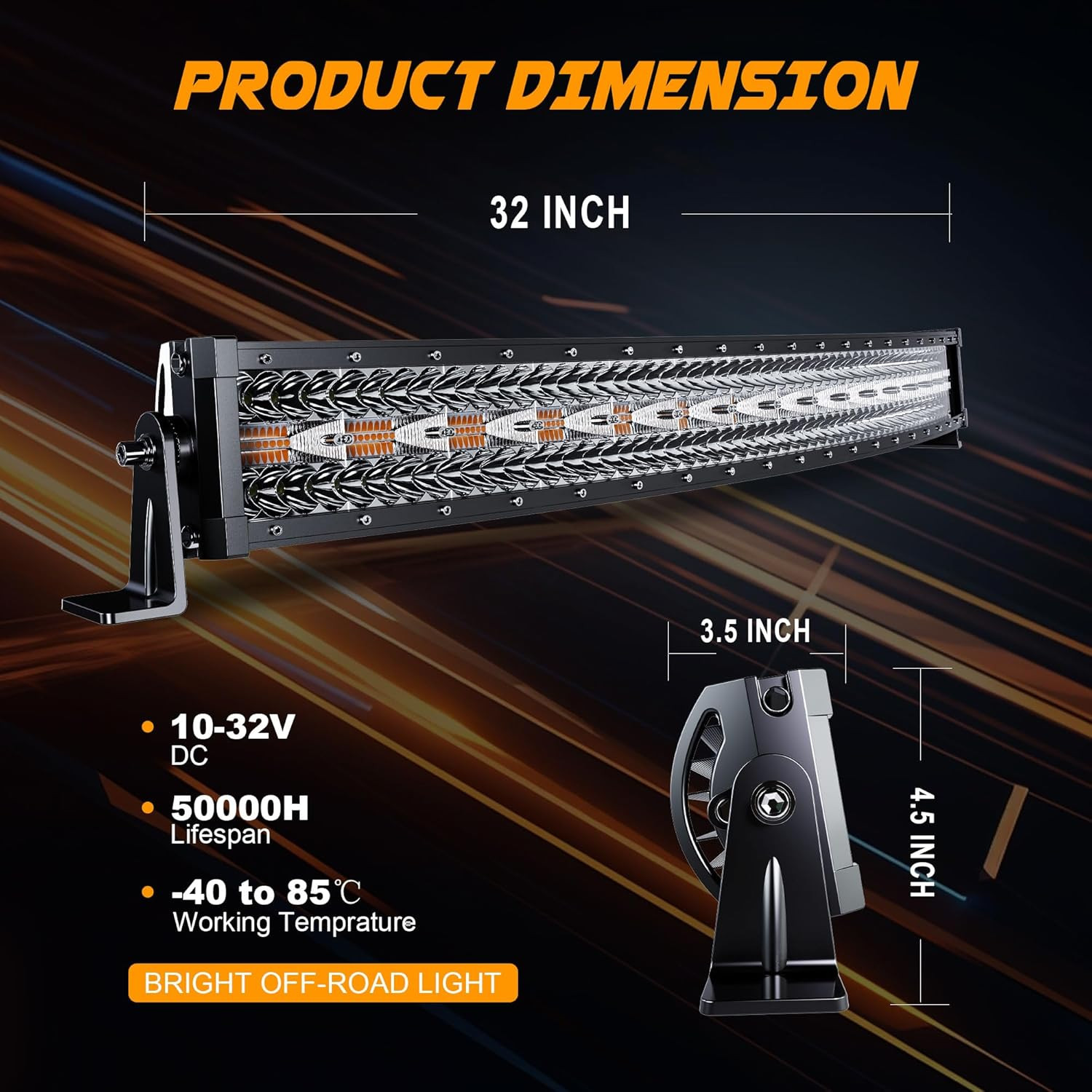 32 Inch 180W Curved LED Light Bar White/Amber Flasing Strobe with Six Modes Spot