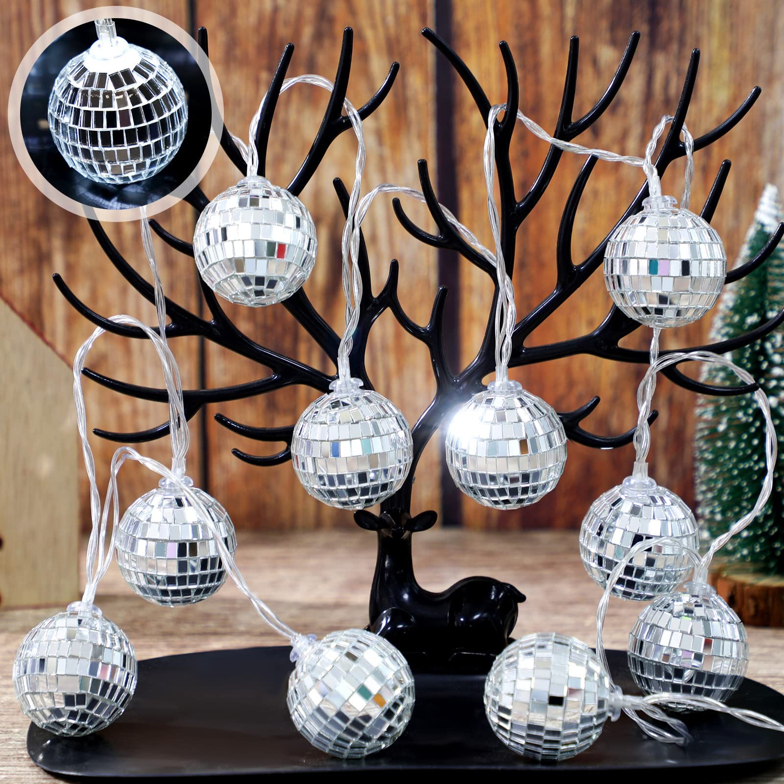 10 PCS Silver 2 LED Disco Ball String Light, Battery Powered, 70s 80s Party