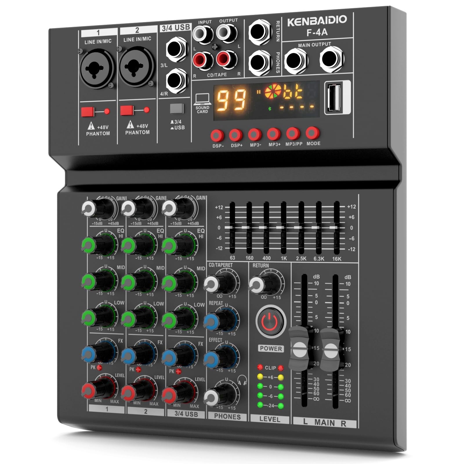 Audio Mixer, Professional DJ Mixer Sound Board 99 DSP Effect, 7-Band EQ, 4 Ch…