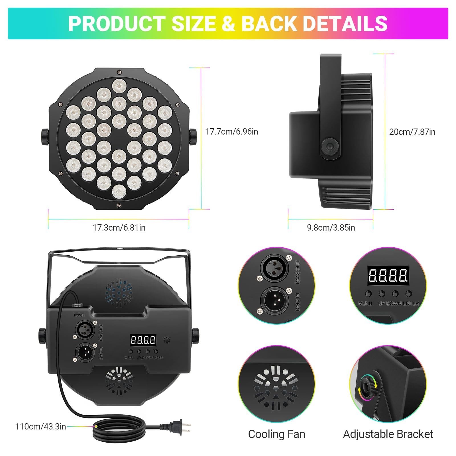 36LEDs RGB Stage Lights 2Pack – 36W Par Lights Sound Activated Remote & DMX C