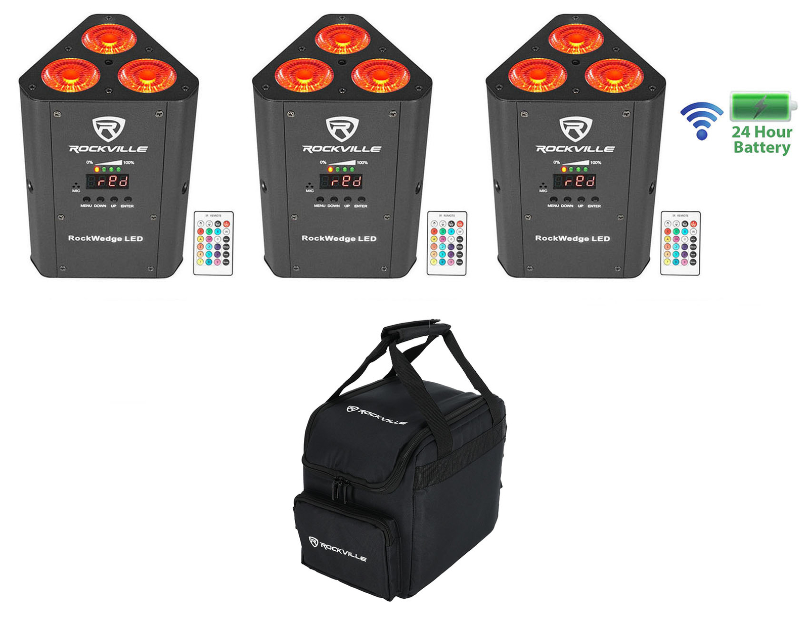 3) Rockville RockWedge LED RGBWA+UV Rechargeable Battery Wireless DMX Lights+Bag